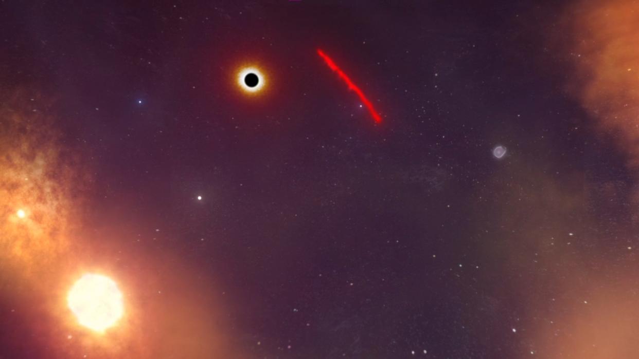  Artist's rendering of what is anticipated to happen around the year 2036 when X7, an elongated filament of dust and gas, makes its closest approach to the Milky Way’s supermassive black hole. 