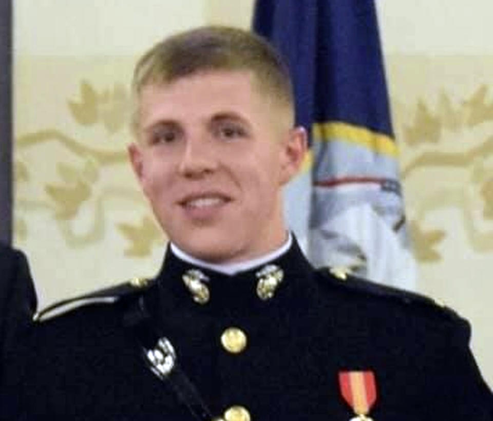 This undated photo provided by the U.S. Marine Corps, 1st Marine Division, shows missing Marine 1st Lt. Matthew Kraft. Authorities in California searched for a sixth day Saturday, March 9, 2019, for Kraft after he failed to return from a backcountry skiing trip through the Sierra Nevada. (Courtesy of U.S. Marine Corps via AP)