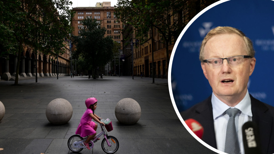 Sydney's central business district, deserted. Right: Reserve Bank of Australia governor Philip Lowe. (Source: Getty, AAP)