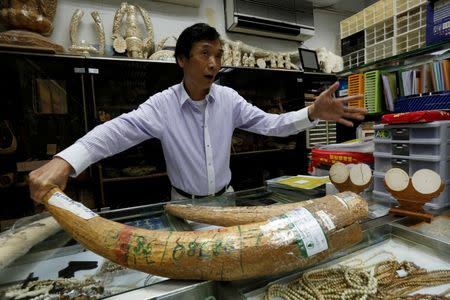 Daniel Chan, managing director of a carving and jewellery factory, speaks while holding a government registered ivory tusk inside his factory in Hong Kong, China June 27, 2016. REUTERS/Bobby Yip