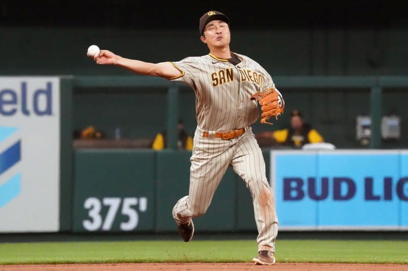 Shortstop Ha-Seong Kim hit a two-run triple as part of a seven-run sixth inning in the San Diego Padres' comeback victory Monday in San Diego. File Photo by Bill Greenblatt/UPI