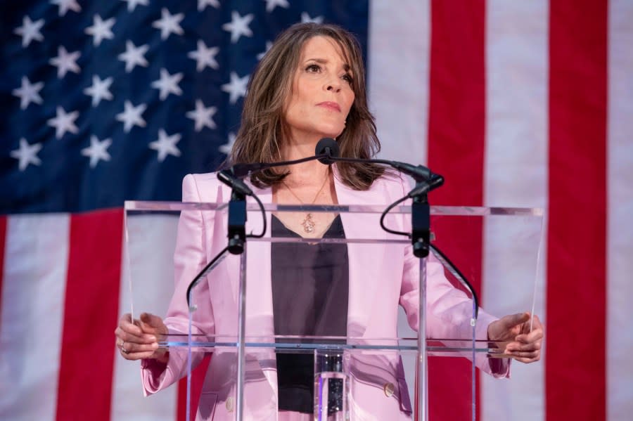 Marianne Williamson announces her bid for the presidency at a campaign launch event on March 4, 2023, at Union Station in Washington, D.C. (Amanda Andrade-Rhoades/For The Washington Post via Getty Images)
