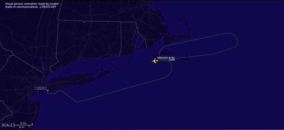 A re-creation of the Air Atlanta Icelandic cargo plane's flight path on Nov. 9 shows the moment the plane finishes its U-turn back toward John F. Kennedy International Airport in New York after a horse being transported on the plane got out of its stall.