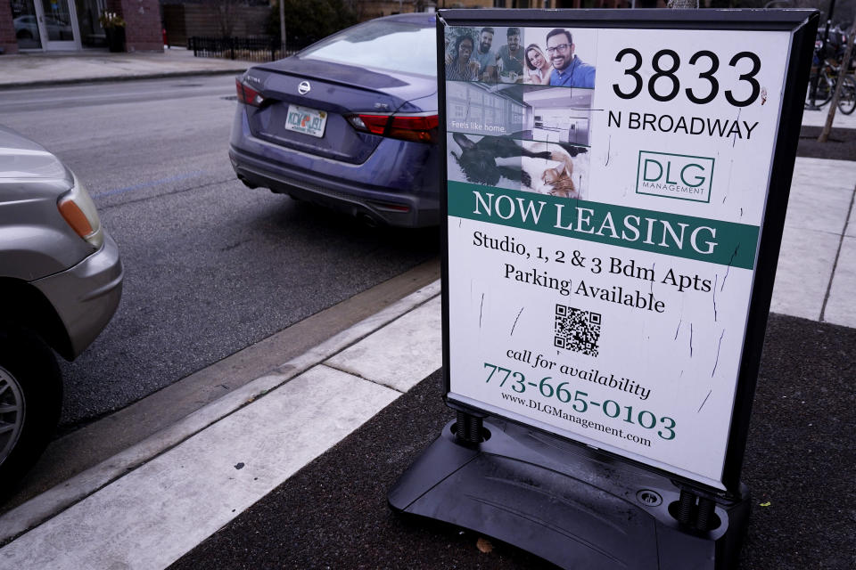 File - An apartment leasing sign stands on street in Chicago on Feb. 7, 2022. On Wednesday, the Labor Department issues its consumer prices report for August. (AP Photo/Nam Y. Huh, File)