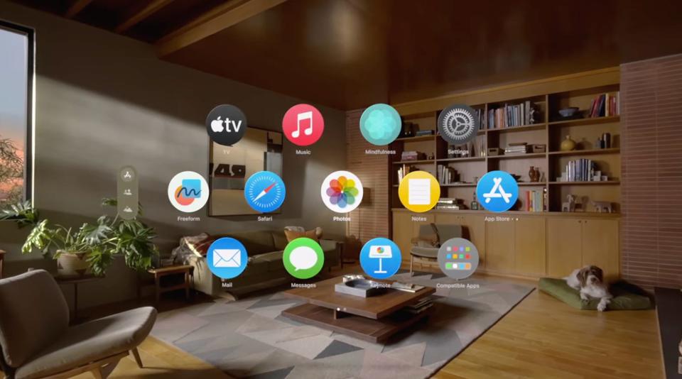 Apple Vision Pro headset displaying apps overlayed in a user's living room.