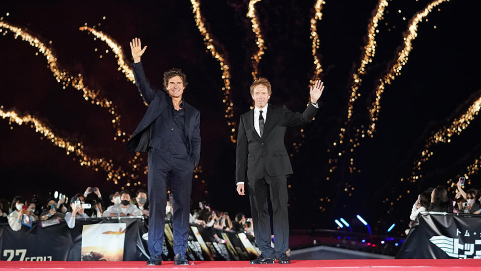 YOKOHAMA, JAPAN - MAY 24: Actor Tom Cruise and Producer Jerry Bruckheimer pose on the red carpet for the Japan Premiere of "Top Gun: Maverick" at Osanbashi Yokohama on May 24, 2022 in Yokohama, Kanagawa, Japan. (Photo by Christopher Jue/Getty Images For Paramount Pictures)