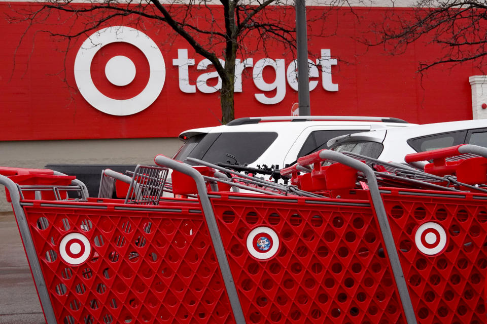 CHICAGO, ILLINOIS - NOVEMBER 16: Shopping carts are lined up outside of a Target store on November 16, 2022 in Chicago, Illinois. Target&#x002019;s stock plummeted today after the company reported a 52% drop in profits during the third quarter. (Photo by Scott Olson/Getty Images)
