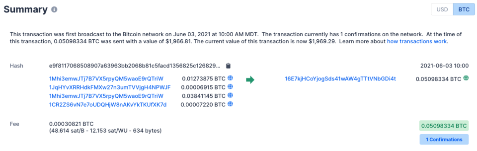 Blockchain transactions are public and verified by a large network of computers called miners—screenshot from Blockchain Explorer.