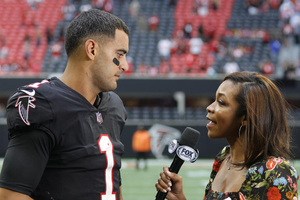 Atlanta Falcons quarterback Marcus Mariota is interviewed by a Fox Sports reporter - Credit: Icon Sportswire via Getty Images