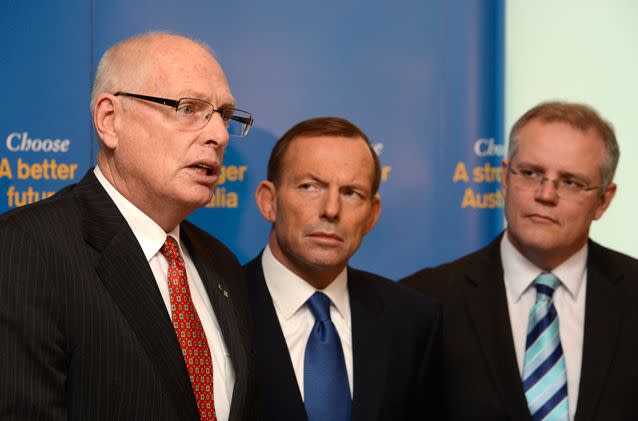 Retired army major general Jim Molan - seen with Tony Abbott and Scott Morrison - is calling for harsh detention for those on terror watch lists. AAP