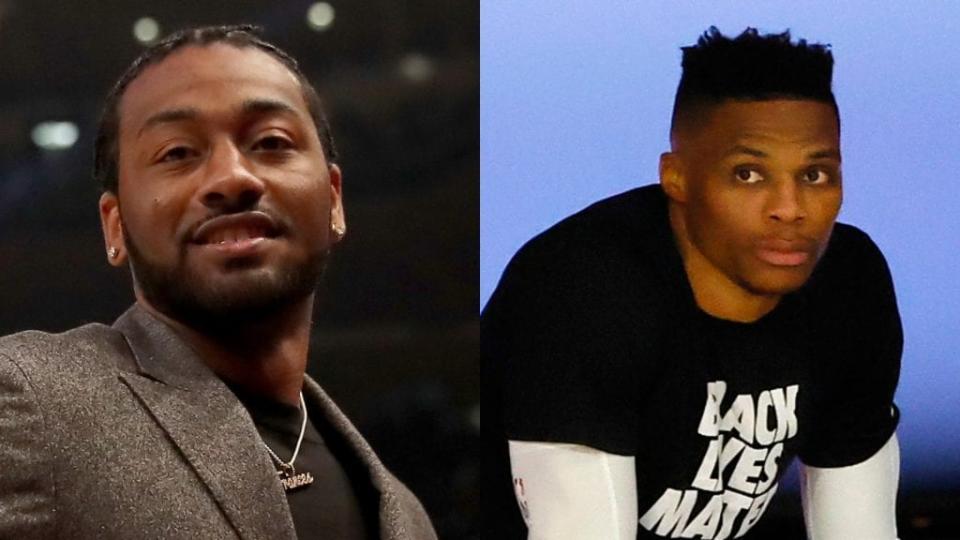 A NBA deal trading John Wall of the Washington Wizards (left) for Russell Westbrook of the Houston Rockets has just been finalized, the teams announced. (Photos by Elsa/Getty Images and Kevin C. Cox/Getty Images)