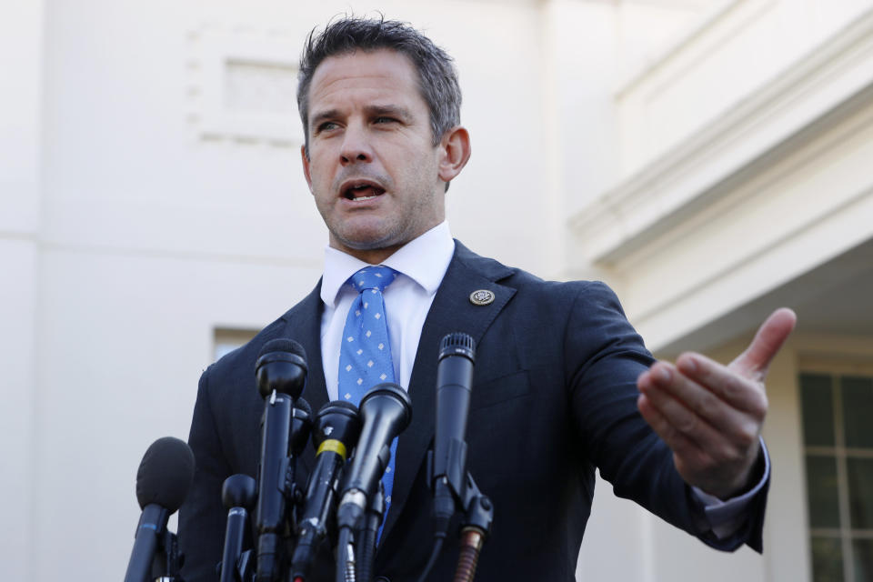 FILE - In this March 6, 2019 file photo, Rep. Adam Kinzinger, R-Ill., speaks to the media at the White House in Washington. Kinzinger is slamming as “beyond repugnant” President Donald Trump’s tweet of a conservative pastor’s comment that removing Trump from office would provoke a “civil war.” (AP Photo/Jacquelyn Martin)