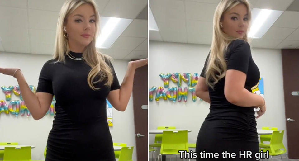 Two side-by-side photos of a woman showing her black work dress in a TikTok video.