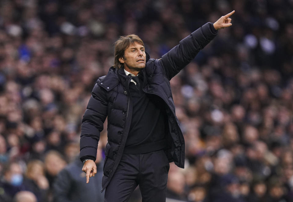 Tottenham Hotspur manager Antonio Conte on the touchline during the English Premier League soccer match between Tottenham Hotspur and Norwich City, at Tottenham Hotspur Stadium, London, Sunday, Dec. 5, 2021. (Adam Davy/PA via AP)