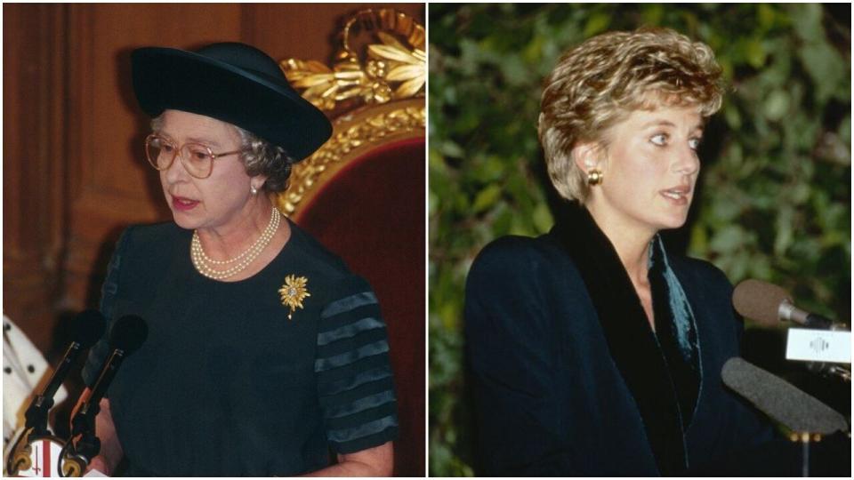 Queen Elizabeth ll (left) delivers her "Annus Horribilis" speech on Nov. 24, 1992. Princess Diana (right) announces she is retiring from public life on Dec. 3, 1993. (Photo: Getty Images)