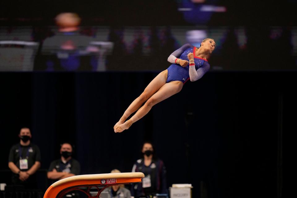 MyKayla Skinner competes on the vault during the women's U.S. Olympic Gymnastics Trials on Sunday, June 27, 2021, in St. Louis, Missouri.