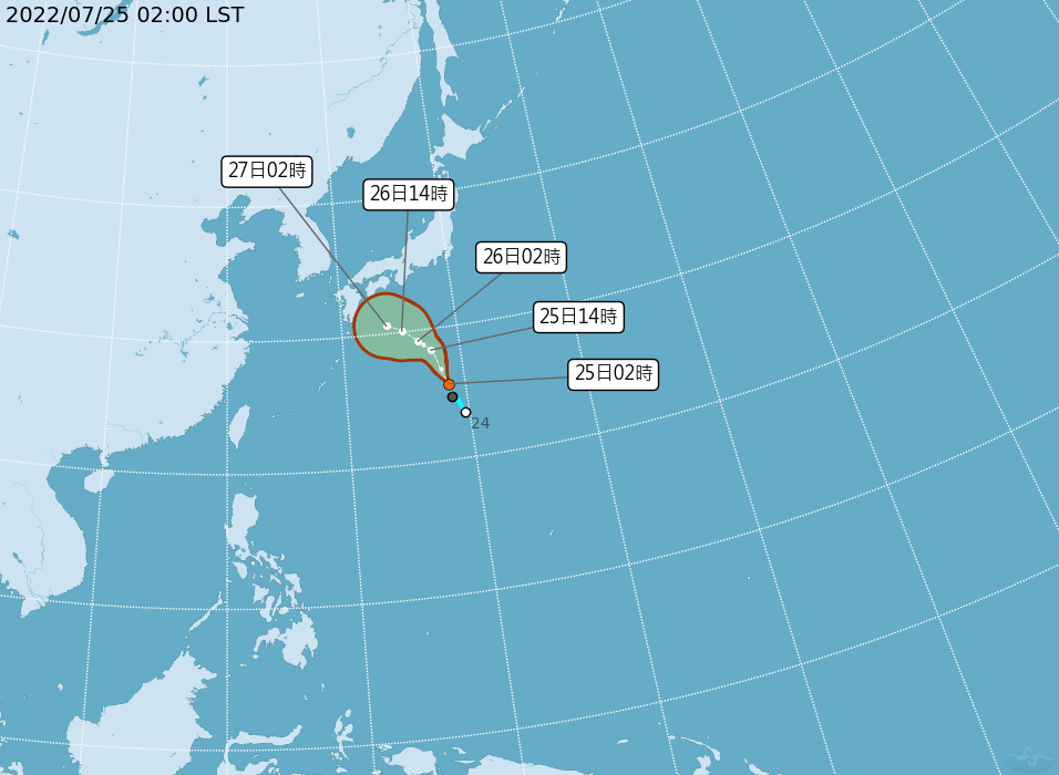 今天凌晨2時，熱帶性低氣壓的中心位置在日本南方海面，正以每小時24公里的速度向北北西移動。   圖：中央氣象局/提供