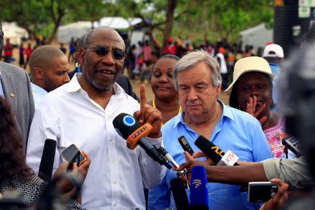 UN Secretary General Antonio Guterres (L) and Uganda's Prime Minister Ruhakana Rugunda address the media after a tour of Imvepi, where south Sudanese refugees are settled, in northern Uganda June 22, 2017. REUTERS/James Akena