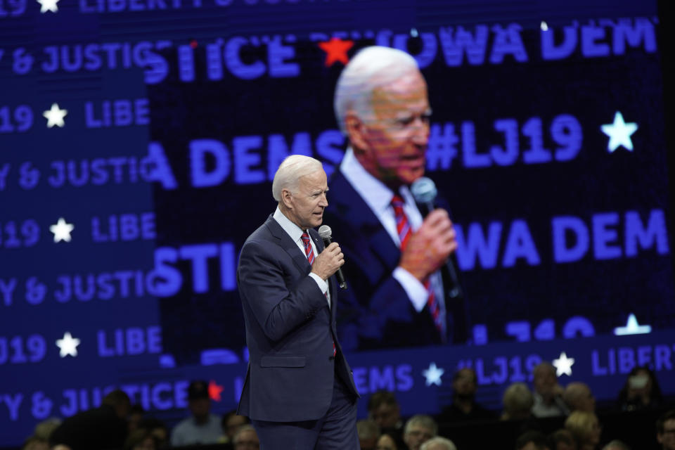 Democratic presidential candidate former Vice President Joe Biden speaks during the Iowa Democratic Party's Liberty and Justice Celebration, Friday, Nov. 1, 2019, in Des Moines, Iowa. (AP Photo/Nati Harnik)
