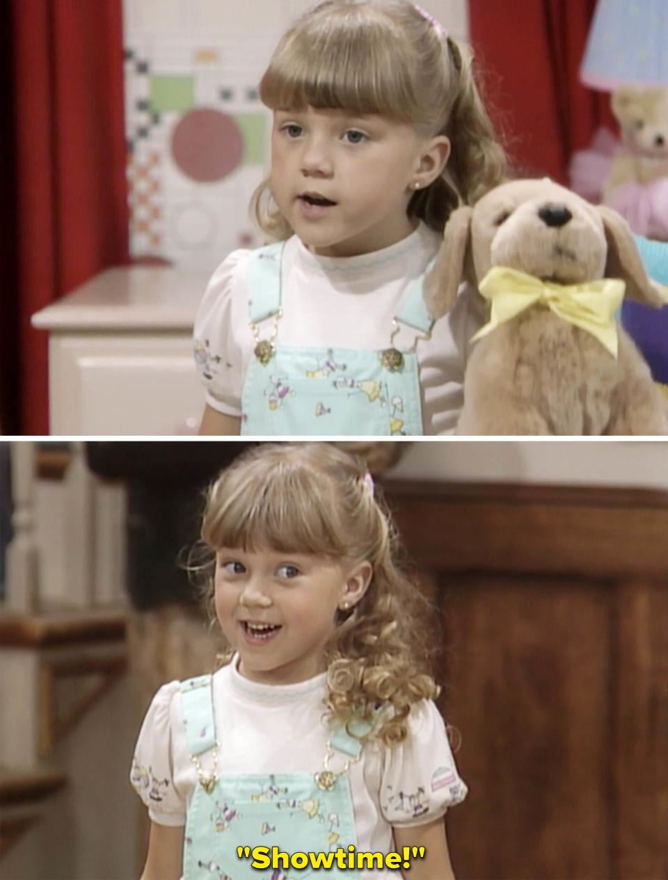 Stephanie as a little girl holding a stuffed animal; Stephanie saying, "Showtime!"