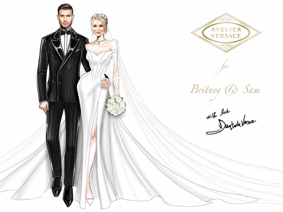 A sketch of Britney Spears and Sam Asghari’s wedding ensembles provided by Versace - Credit: Courtesy of Versace