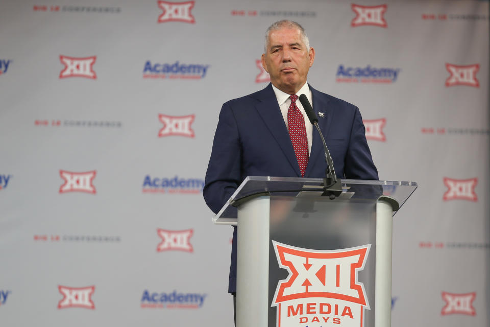 ARLINGTON, TX - JULY 14: Big 12 Commissioner Bob Bowlsby speaks to the press during the Big 12 Conference football media days on July 14, 2021 at AT&T Stadium in Arlington, TX. (Photo by George Walker/Icon Sportswire via Getty Images)