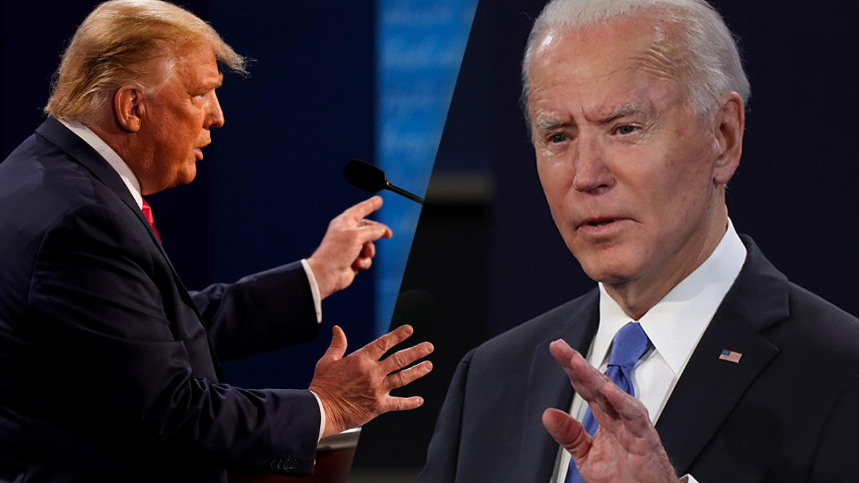 President Trump and Joe Biden participate in the final presidential debate on October 22, 2020 in Nashville, Tennessee. ( Photo illustration: Yahoo News; photos: Morry Gash/Pool via Reuters, Chip Somodevilla/Getty Images)