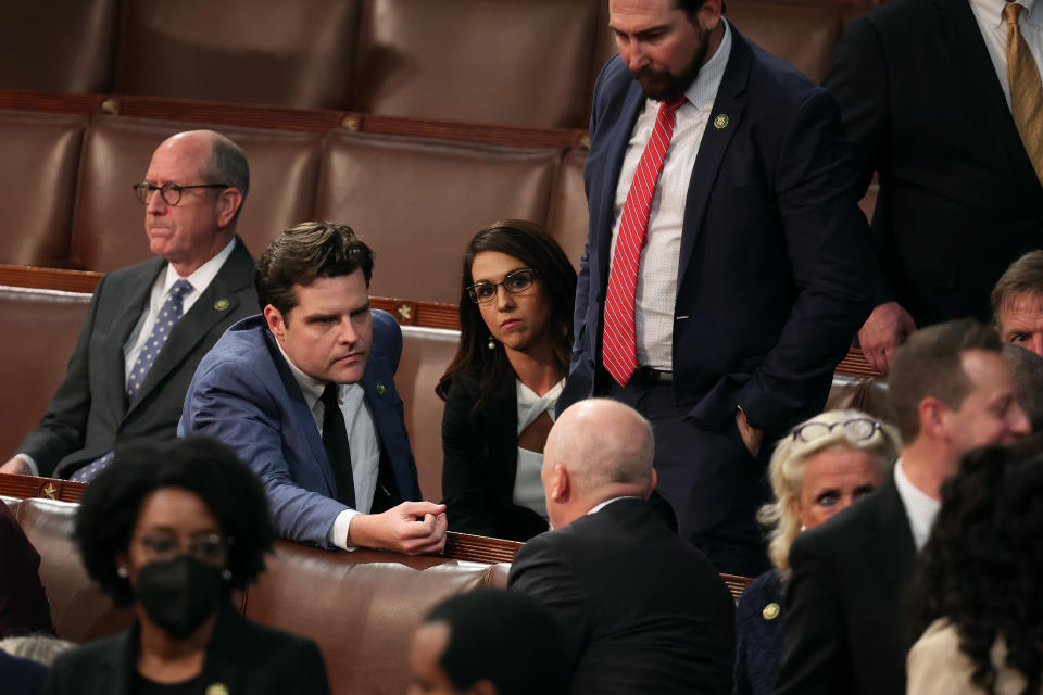 Members of the Freedom Caucus, including Reps. Matt Gaetz, Lauren Boebert, Chip Roy, Eli Crane and Matt Rosendale, confer following a day of votes for the new speaker of the House on Jan. 4. 