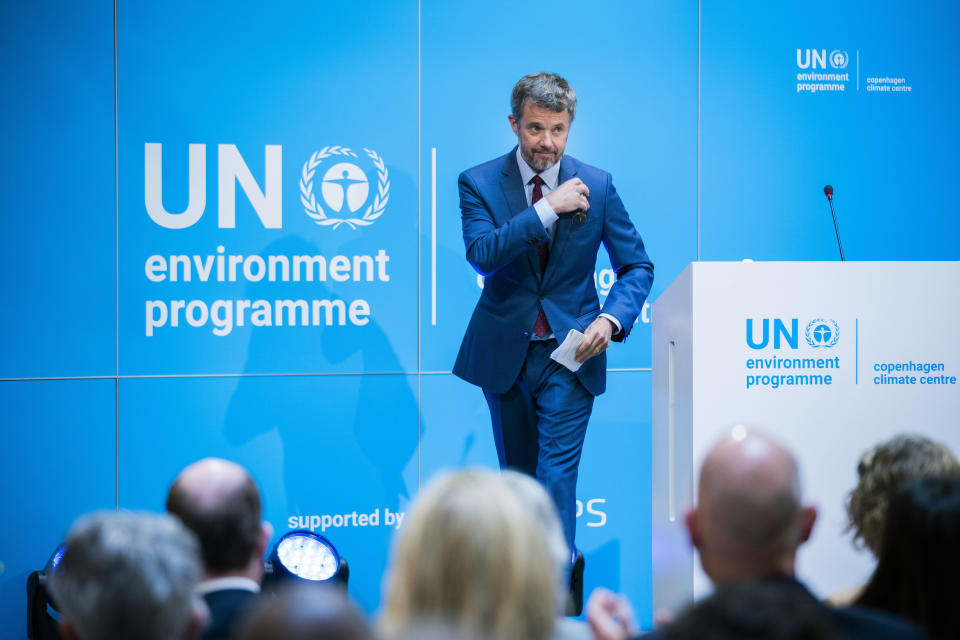 FILE - Denmark's Crown Prince Frederik walks on stage, during the opening of the United Nation's new Climate Centre, The United Nations Environment Program (UNEP), in Copenhagen, Denmark, Tuesday, April 26, 2022. The 55-year-old takes over the crown on Sunday, Jan. 14, 2024 from his mother, Queen Margrethe II, who is breaking with centuries of Danish royal tradition and retiring after a 52-year reign. (Martin Sylvest/Ritzau Scanpix via AP, File)