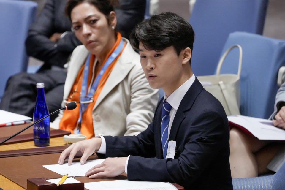 Ilhyeok Kim, a North Korean defector, speaks during a meeting of the United Nations Security Council to discuss the situation in the Democratic People's Republic of Korea, Thursday, Aug. 17, 2023, at United Nations headquarters. (AP Photo/John Minchillo)