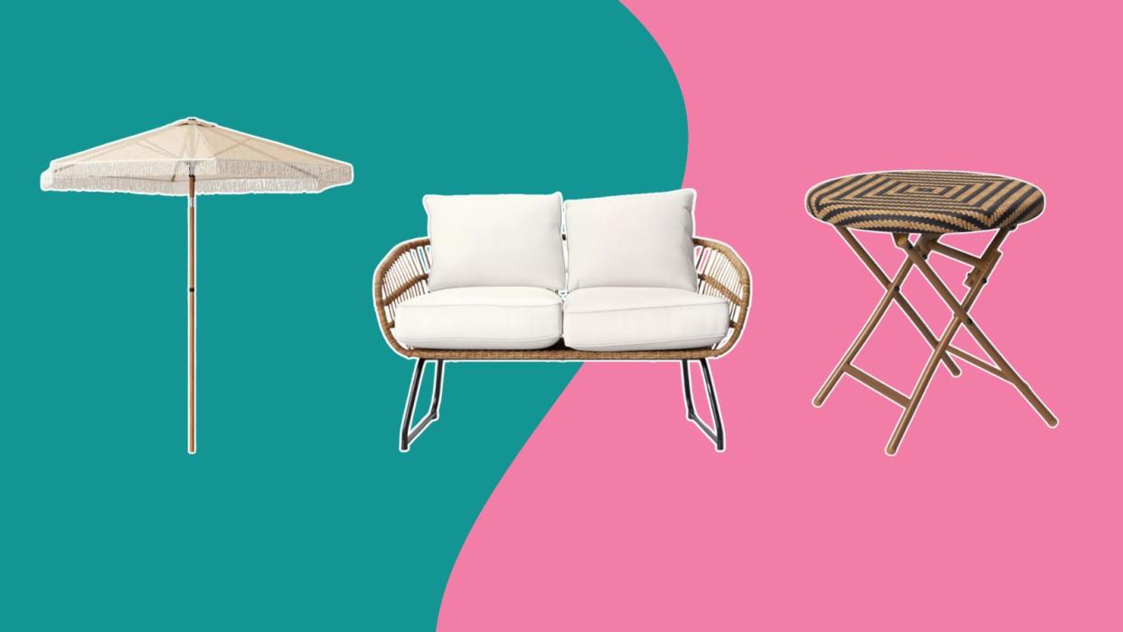  Target outdoor furniture including an umbrella love seat and table on a green and pink background. 