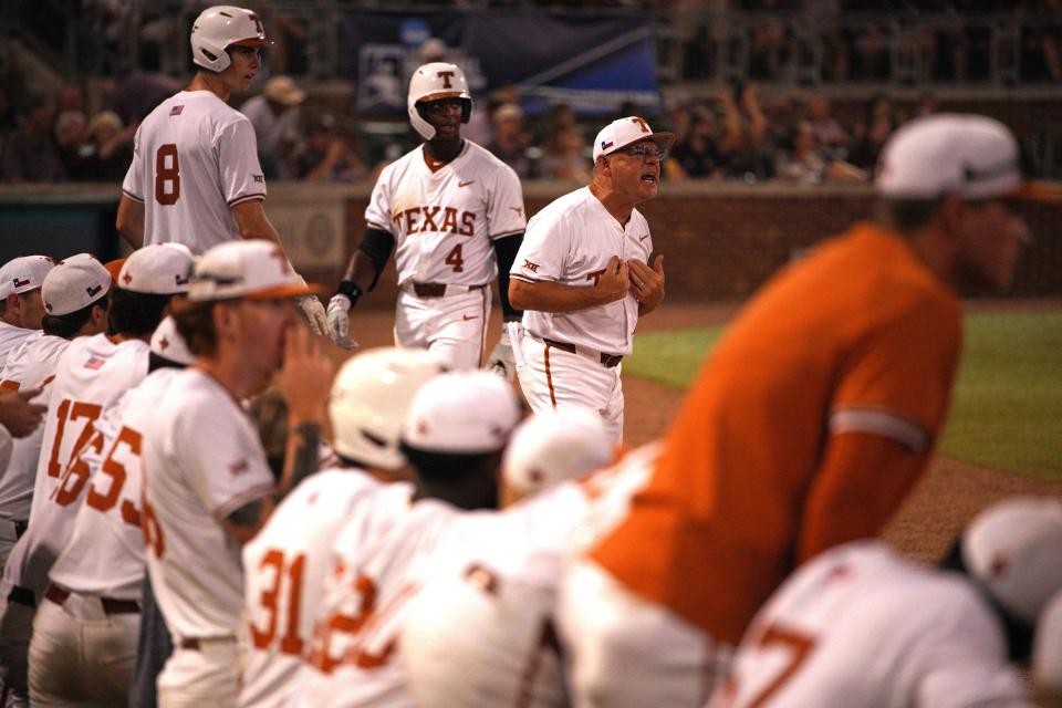 Texas Longhorns head coach David Pierce challenges a call by the umpire during a loss at the College Station Regional against the Texas A&M Aggies at Blue Bell Park on Saturday. The Longhorns were eliminated from the tournament Sunday after falling to Louisiana.