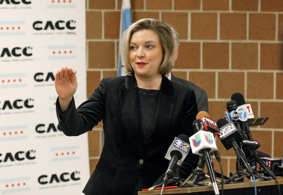 Kelley Gandurski, executive director of Chicago Animal Care and Control, speaks with reporters in Chicago, Thursday, Jan. 9, 2020. Authorities were on the hunt for coyotes in downtown Chicago after two reported attacks, including one where passersby said they had to pull a wild canine off of a 6-year-old boy who was bitten in the head. (AP Photo/Teresa Crawford)