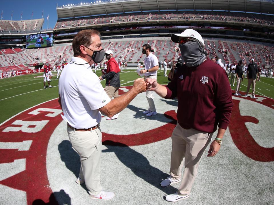 Alabama Head Coach Nick Saban greetsTexas A&M Head Coach Jimbo Fisher before their game at Bryant Denny Stadium win Saturday October 3, 2020.Photo by Crimson Tide PhotosPhoto by Crimson Tide Photos