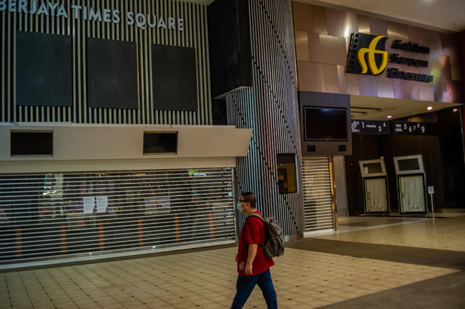 A permanently shuttered GSC Berjaya Times Square following forced extended closure brought about by government measures during the MCO, February 22, 2021. — Picture by Shafwan Zaidon