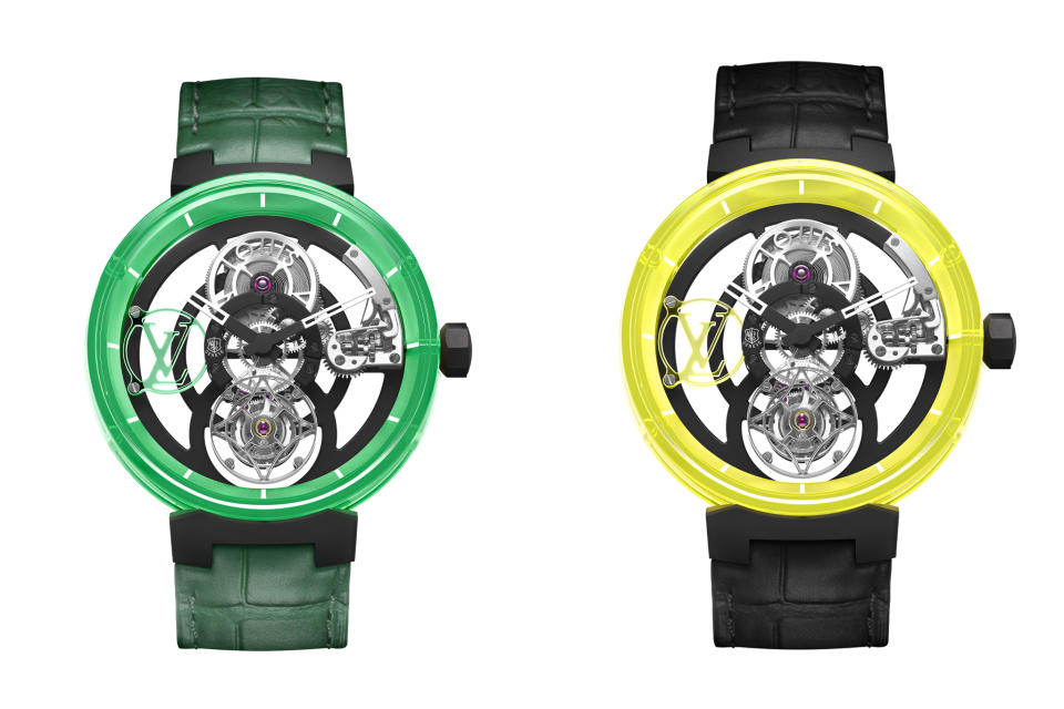 The Tambour Moon Flying Tourbillon Poinçon de Genève and their green or yellow neon sapphire cases.