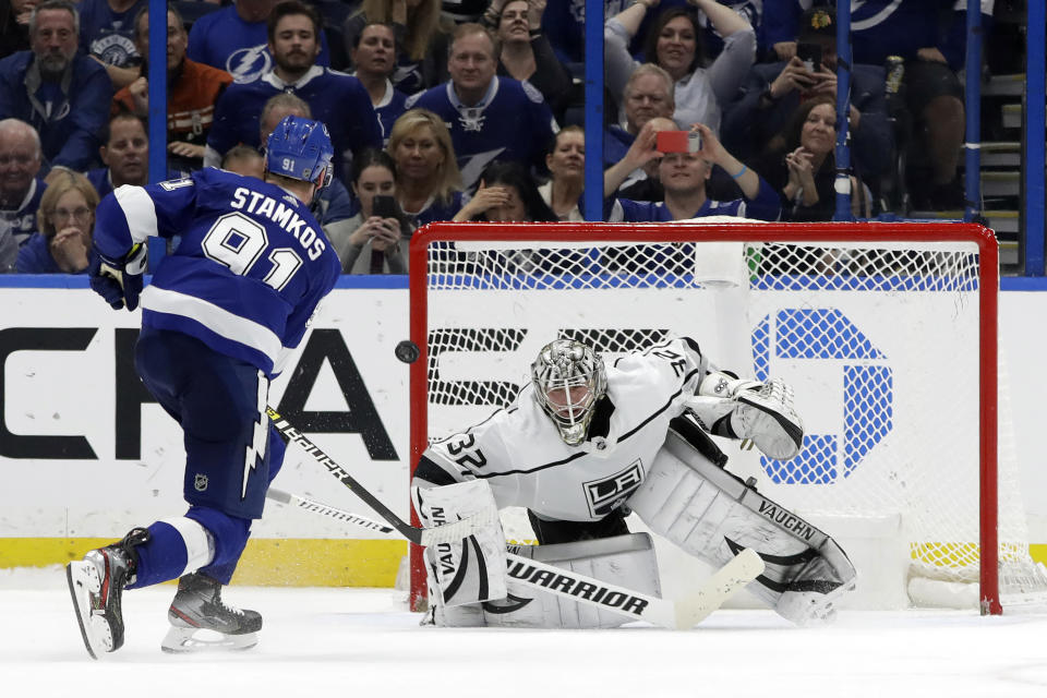 Tampa Bay Lightning center Steven Stamkos (91) scores past Los Angeles Kings goaltender Jonathan Quick (32) during a shoot out in an NHL hockey game Tuesday, Jan. 14, 2020, in Tampa, Fla. The Lightning won the game 4-3. (AP Photo/Chris O'Meara)