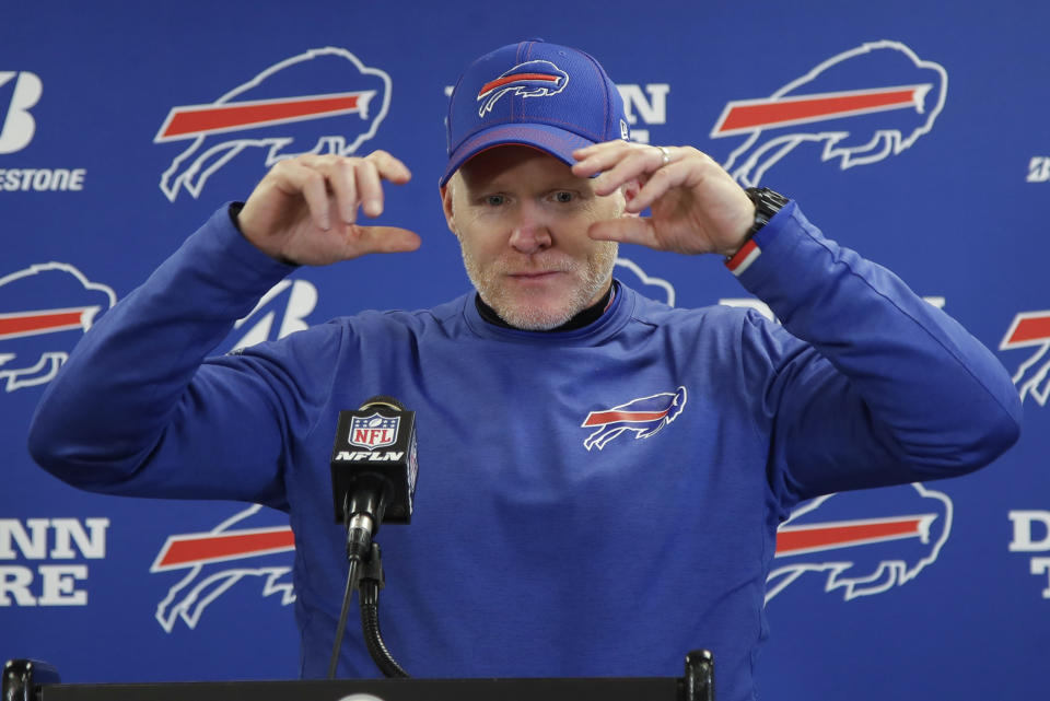 Buffalo Bills head coach Sean McDermott takes questions during a news conference after an NFL football game against the Pittsburgh Steelers, Sunday, Dec. 15, 2019, in Pittsburgh. The Steelers lost 17-10. (AP Photo/Don Wright)