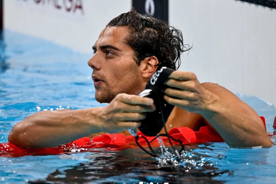 Thomas Ceccon of Italy in the pool after competing in a backstroke race.