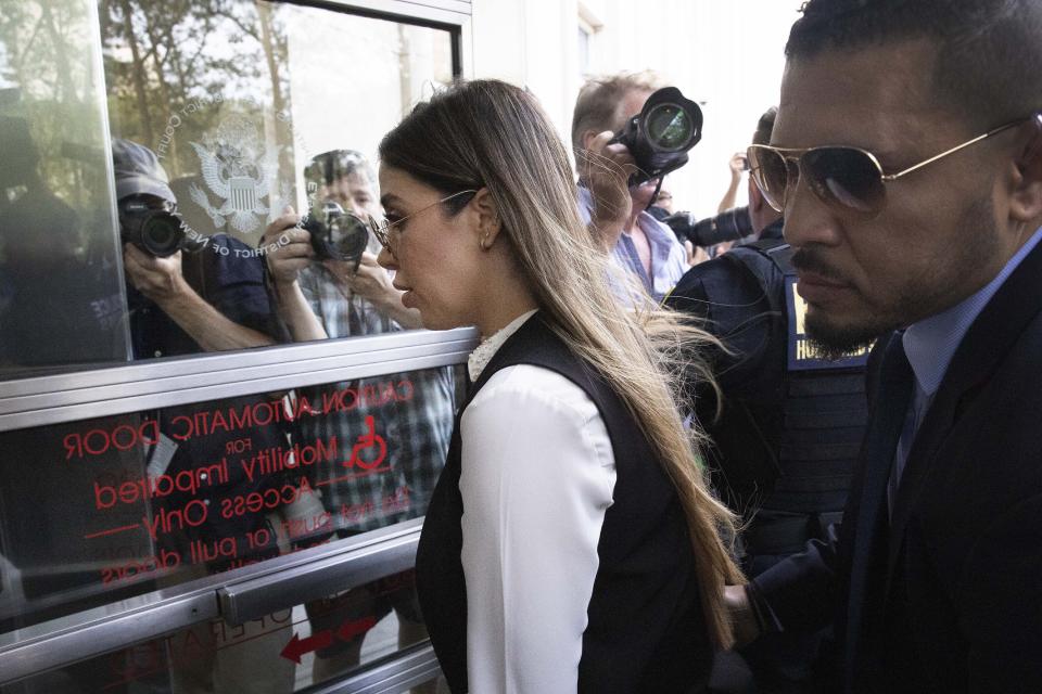 Emma Coronel Aispuro, wife of Mexican drug lord Joaquin "El Chapo" Guzman, arrives for his sentencing at Brooklyn federal court, Wednesday, July 17, 2019 in New York. The 62-year-old Guzman was convicted in February on multiple conspiracy counts in an epic drug-trafficking case. (AP Photo/Mark Lennihan)