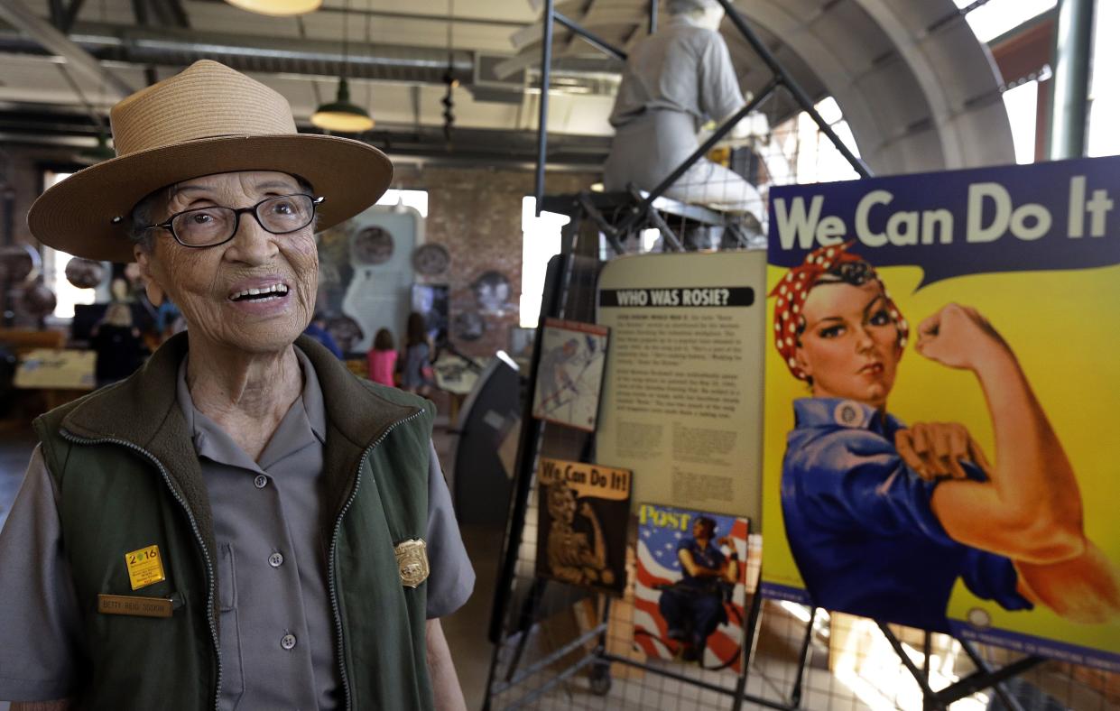 National Park Service Ranger Betty Reid Soskin smiles during an interview at Rosie the Riveter World War II Home Front National Historical Park in Richmond, Calif., on July 12, 2016. (AP Photo/Ben Margot, File)