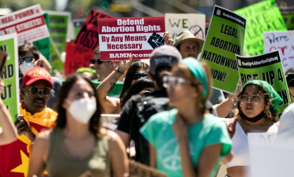 People protest in Los Angeles after the supreme court decision on abortion