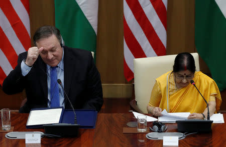 U.S. Secretary of State Mike Pompeo and India's Foreign Minister Sushma Swaraj attend a joint news conference after a meeting in New Delhi, India, September 6, 2018. REUTERS/Adnan Abidi