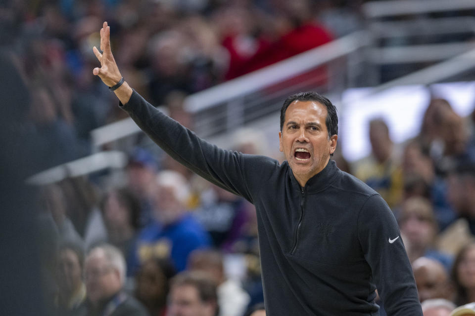 Miami Heat head coach Erik Spoelstra gestures during the first half of an NBA basketball game against the Indiana Pacers in Indianapolis, Sunday, April 7, 2024. (AP Photo/Doug McSchooler)