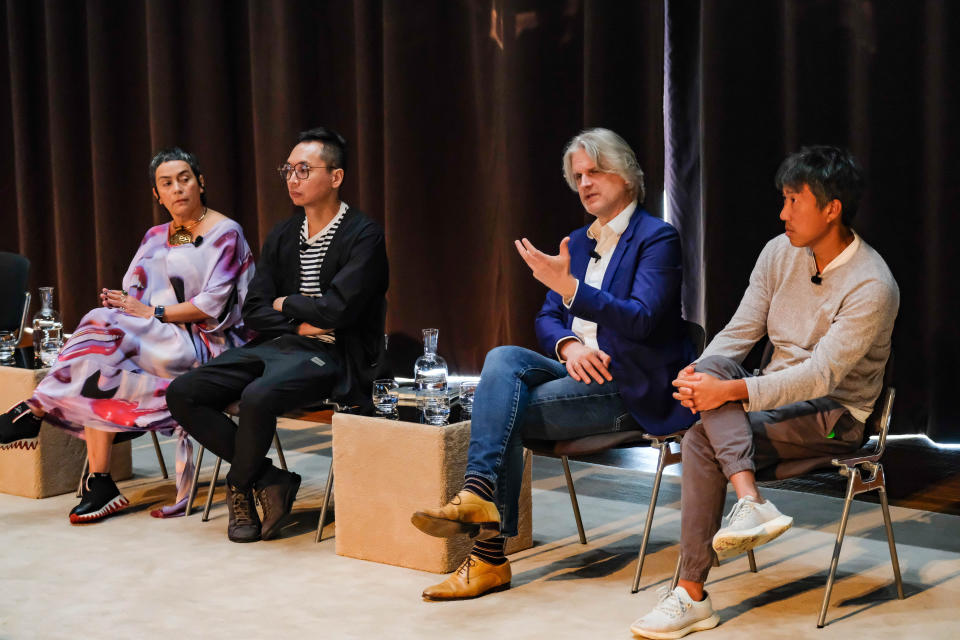 Left to right: Lisa Reihana, CT Low, Christian J. Lange and Charles Lim attend a panel session at the Prada Frames Hong Kong at M+ Museum, on March 22, 2023 in Hong Kong, China. 