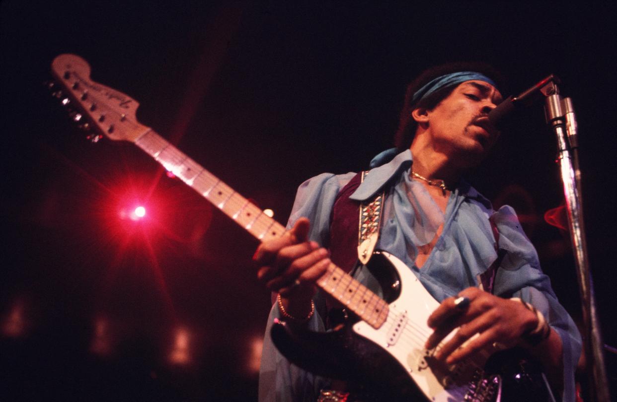 Jimi Hendrix (1942 - 1970) performing at Madison Square Garden, New  York City, 18th May 1969. (Photo by Walter Iooss Jr./Getty Images)