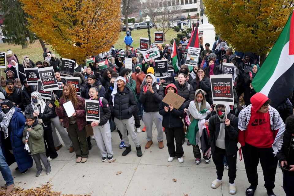 Teaneck High School students and others are shown during a rally to end the war in the Middle East, Wednesday afternoon, November 29, 2023.