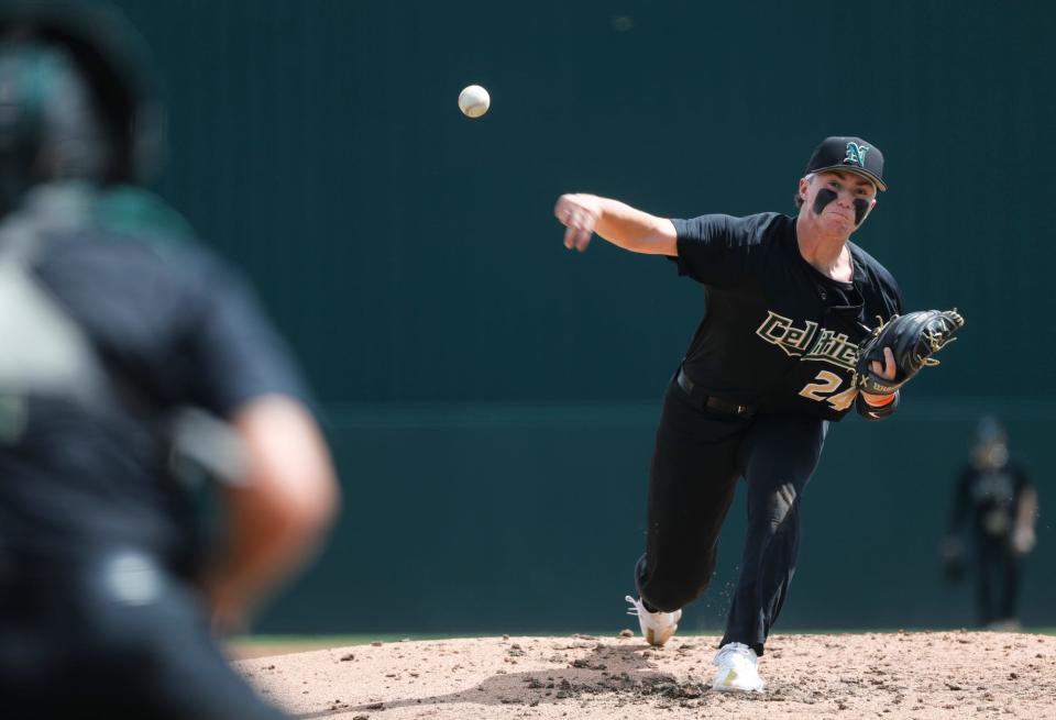 St. John Neumann pitcher Tyler Kozera throws a pitch against Lakeland Christian High School in the state semi final game at Hammond Stadium in Fort Myers, Thursday May 18, 2023. The Lakeland Christian Vikings won with a final score of 3-0.