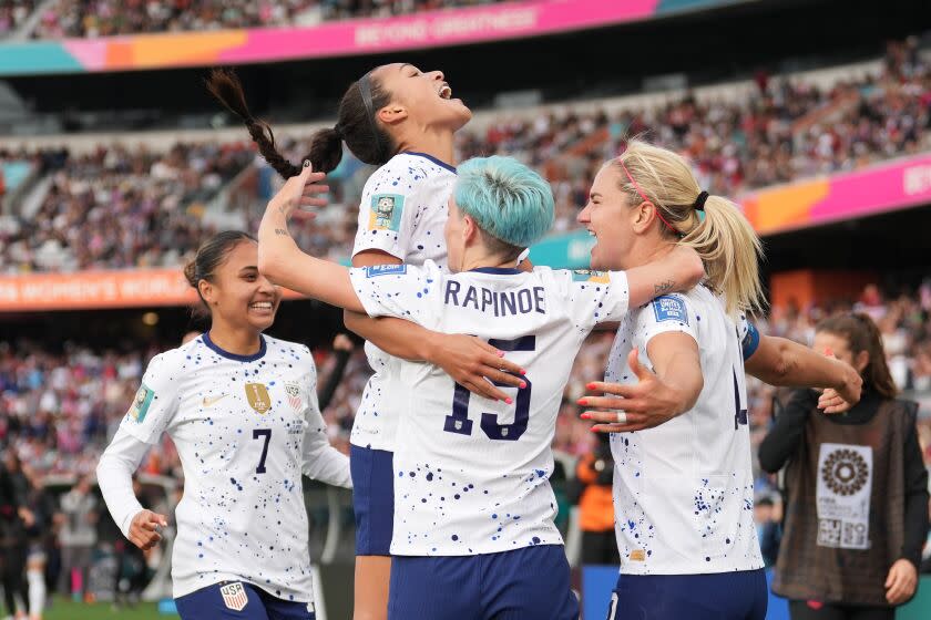 AUCKLAND, NEW ZEALAND - JULY 22: Lindsey Horan #10 of the United States celebrates scoring with Sophia Smith.