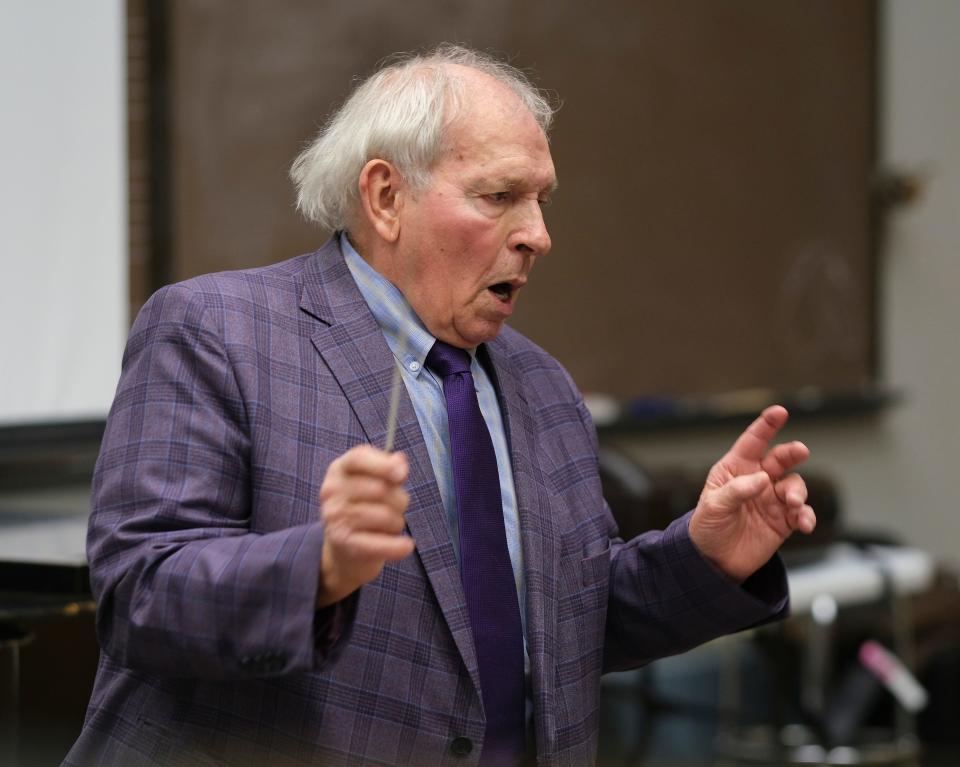 Longtime University of Oklahoma trombone professor Irvin Wagner conducts the OU Trombone Choir during rehearsals inside OU's Catlett Music Center in Norman Tuesday, March 22, 2022. Wagner also conducts the Oklahoma Community Orchestra.